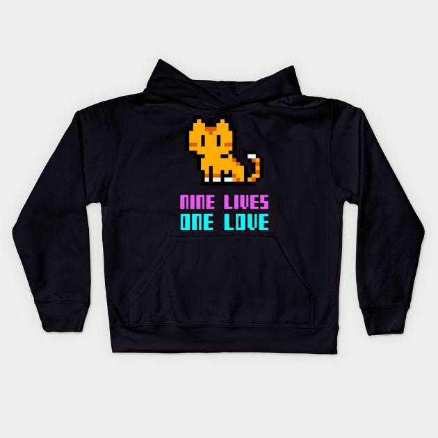 Nine Lives one love Pixel Cat Kids Hoodie by Cauldron Clothing